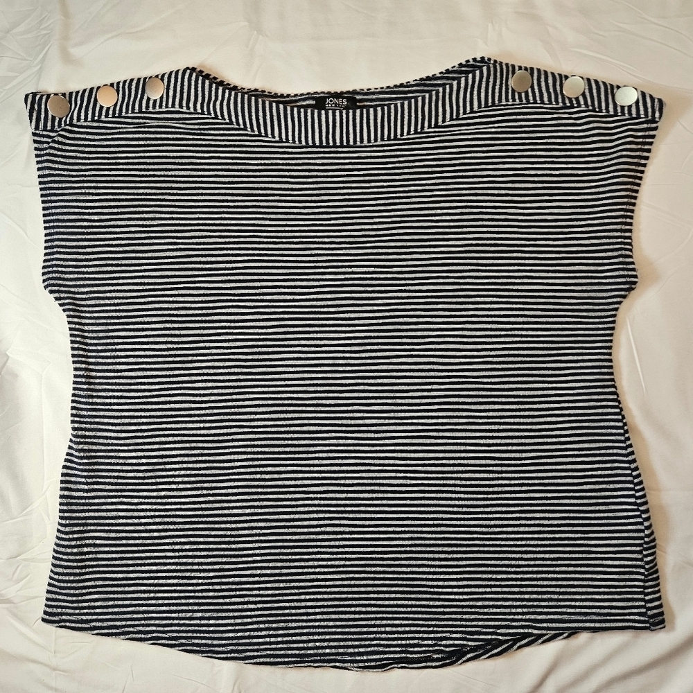Jones New York Black and White Striped Boatneck Top with Shoulder Buttons